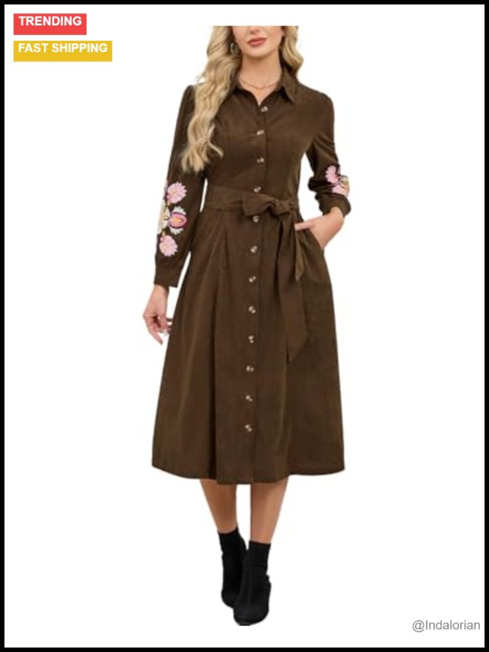 Corduroy Maxi Dress Button Down Embroidered Belted Long Sleeve